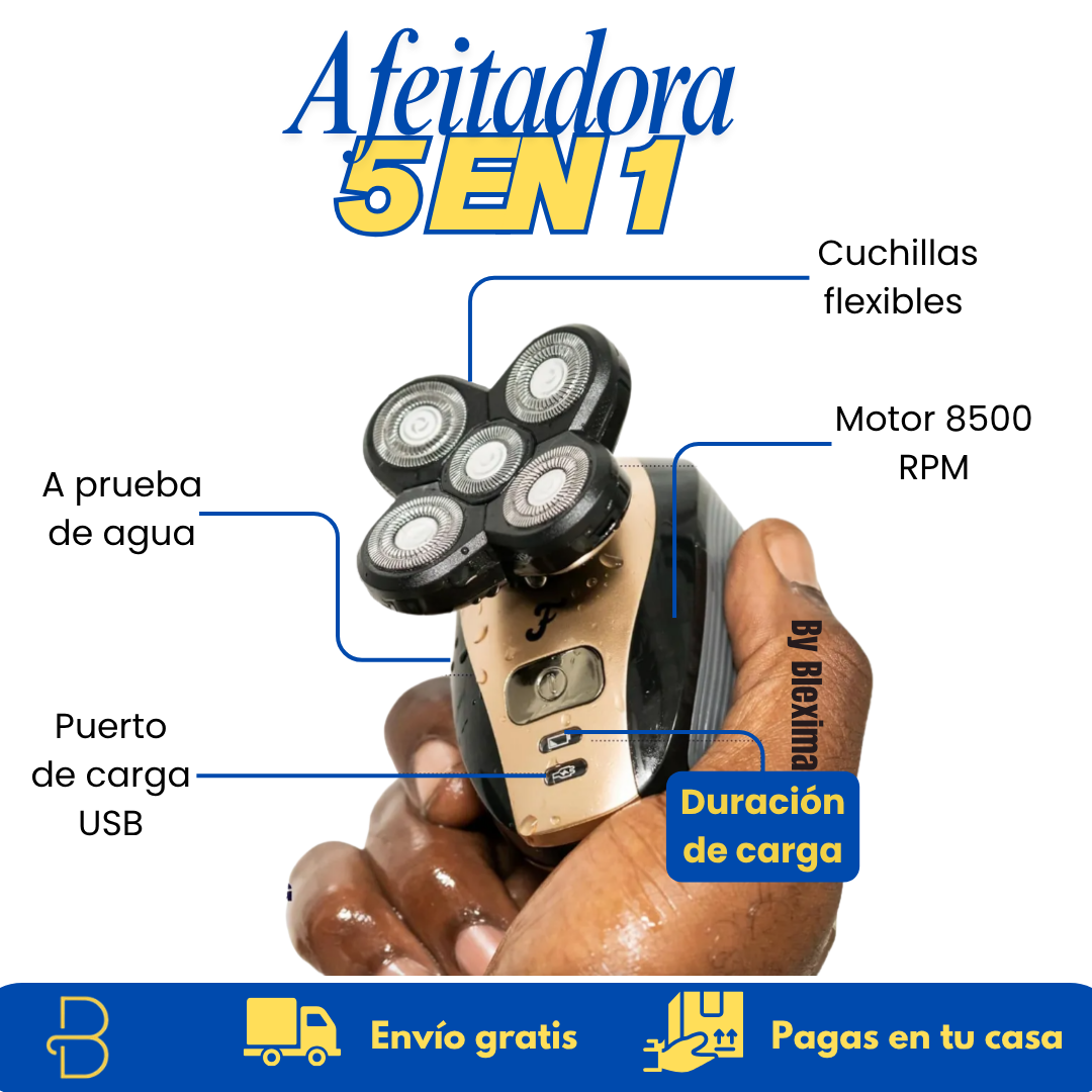 Afeitadora Eléctrica 5 en 1: Afeitado al ras sin enredos, en seco o en la ducha